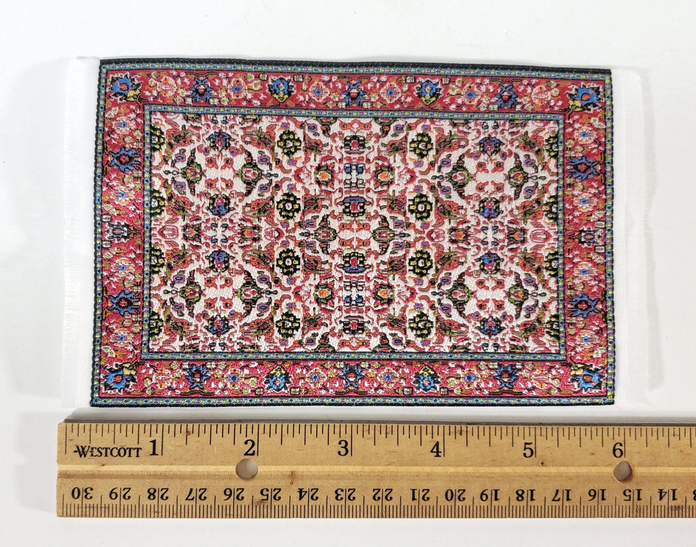 Dollhouse Rug Small Dark Pink White Green 6 1/4" x 3 3/4" with Fringe 1:12 Scale Miniature - Miniature Crush