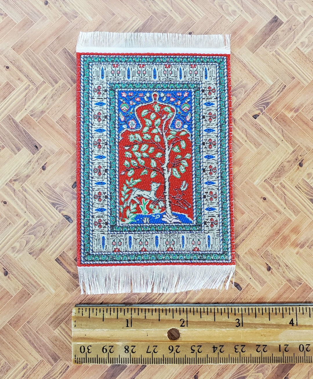 Dollhouse Rug Small Red Blue with Tree & Deer Fringe 5" x 3" 1:12 Scale Miniatures - Miniature Crush
