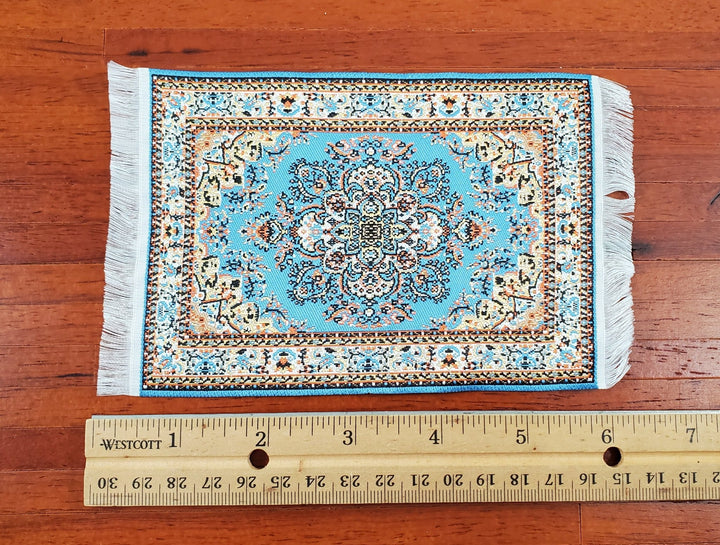 Dollhouse Rug with Fringe Blue and White Small Woven Fabric 1:12 Scale - Miniature Crush