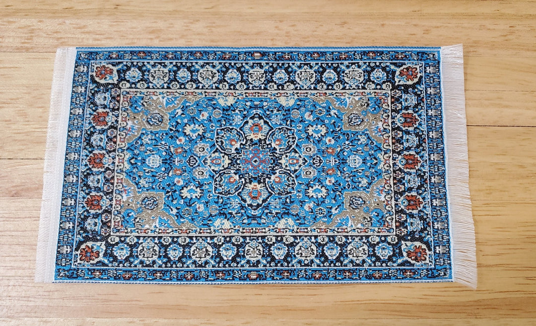 Dollhouse Rug with Fringe Blue White Gold 5.25" x 3" Woven Fabric 1:12 Scale Miniature - Miniature Crush