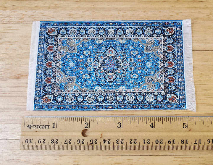 Dollhouse Rug with Fringe Blue White Gold 5.25" x 3" Woven Fabric 1:12 Scale Miniature - Miniature Crush