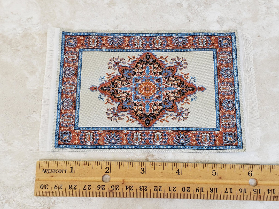 Dollhouse Rug with Fringe Cream Rust 6 1/4" x 3 7/8" Woven Fabric 1:12 Scale Miniature - Miniature Crush