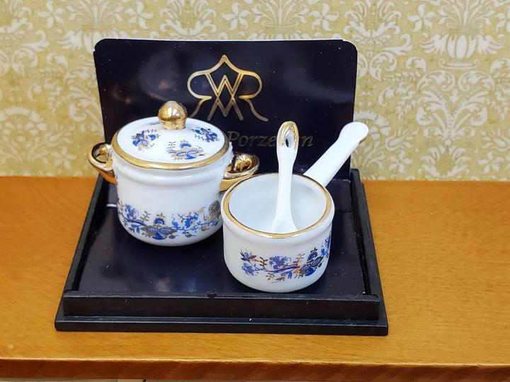 Dollhouse Sauce Pan & Soup Pot with Spoon Dishes Reutter Porcelain 1:12 Scale Blue White - Miniature Crush