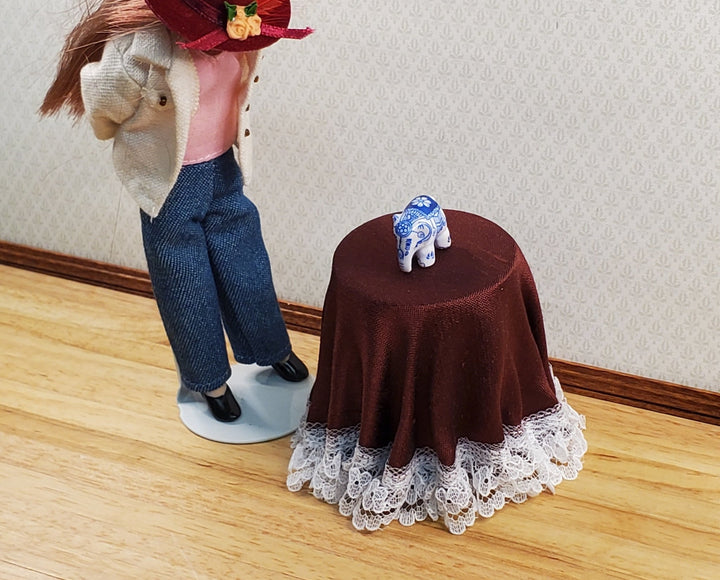 Dollhouse Side Table Round Burgundy Skirted with Lace 1:12 Scale Miniature Furniture - Miniature Crush