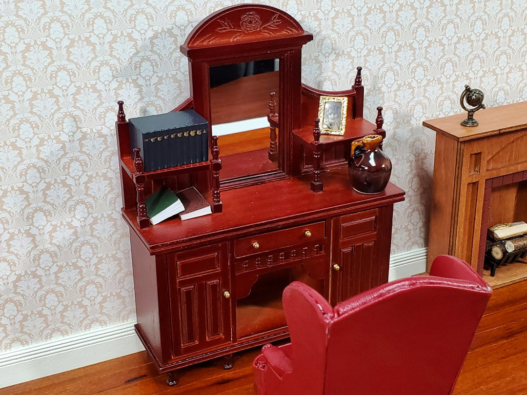 Dollhouse Sideboard with Mirror Ornate Mahogany Finish 1:12 Scale Miniature Furniture - Miniature Crush