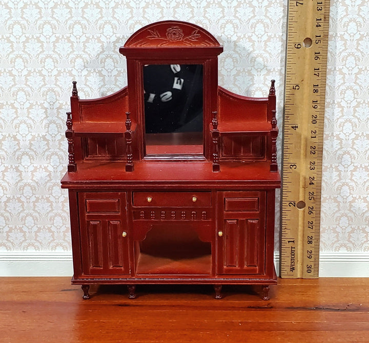 Dollhouse Sideboard with Mirror Ornate Mahogany Finish 1:12 Scale Miniature Furniture - Miniature Crush