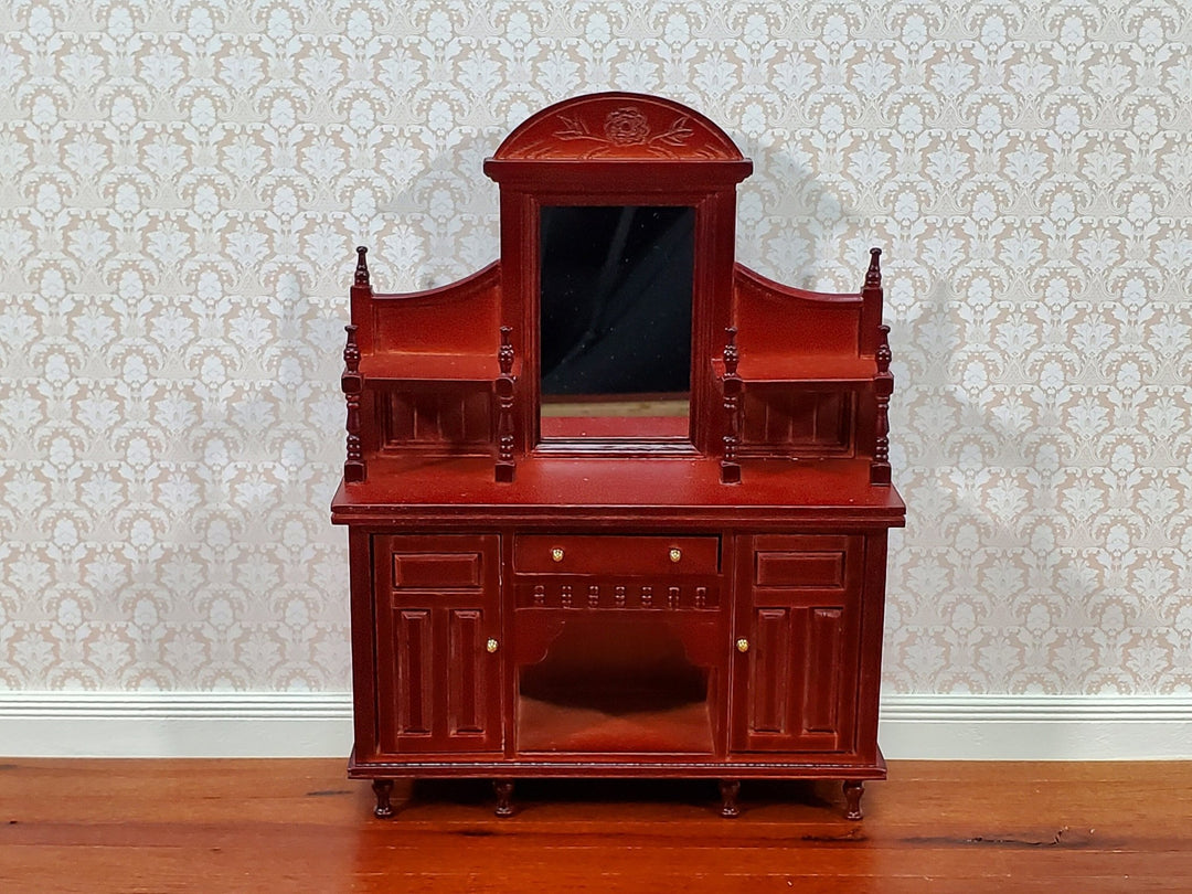 Dollhouse Sideboard with Mirror Ornate Mahogany Finish 1:12 Scale Miniature Furniture - Miniature Crush