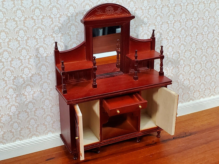 Dollhouse Sideboard with Mirror Ornate Mahogany Finish 1:12 Scale Miniature Furniture - Miniature Crush