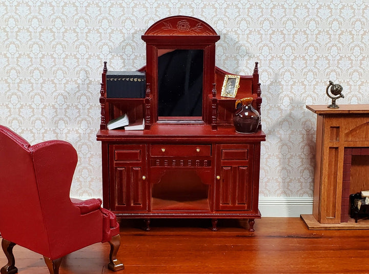 Dollhouse Sideboard with Mirror Ornate Mahogany Finish 1:12 Scale Miniature Furniture - Miniature Crush