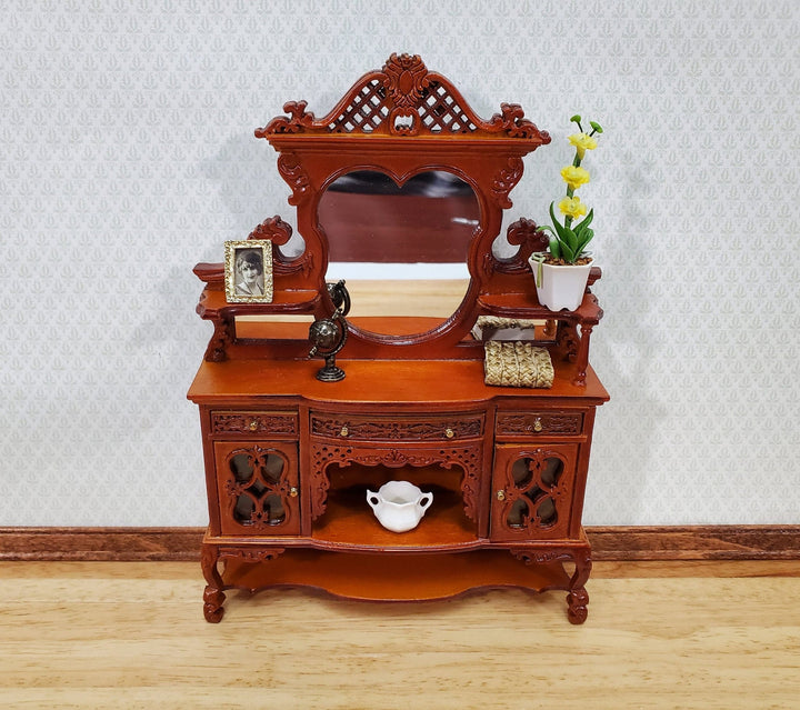 Dollhouse Sideboard with Mirror Ornate Walnut Finish 1:12 Scale Miniature Furniture - Miniature Crush