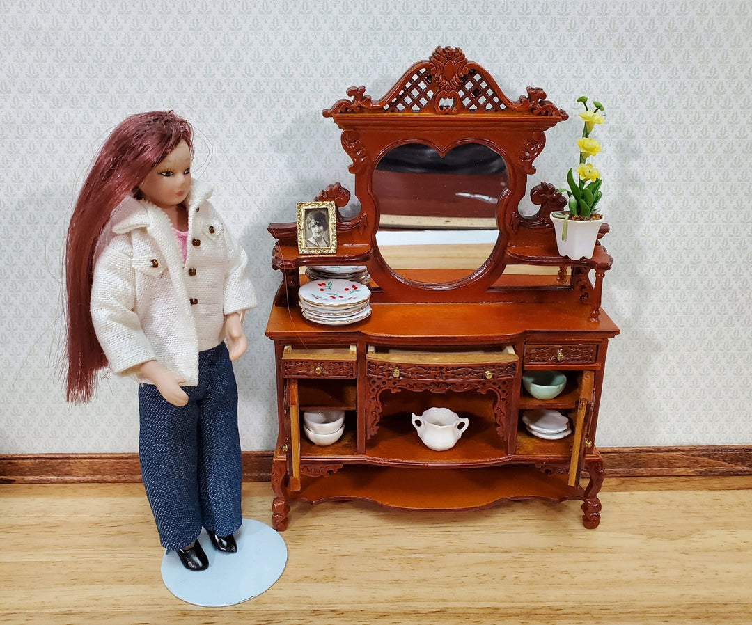 Dollhouse Sideboard with Mirror Ornate Walnut Finish 1:12 Scale Miniature Furniture - Miniature Crush