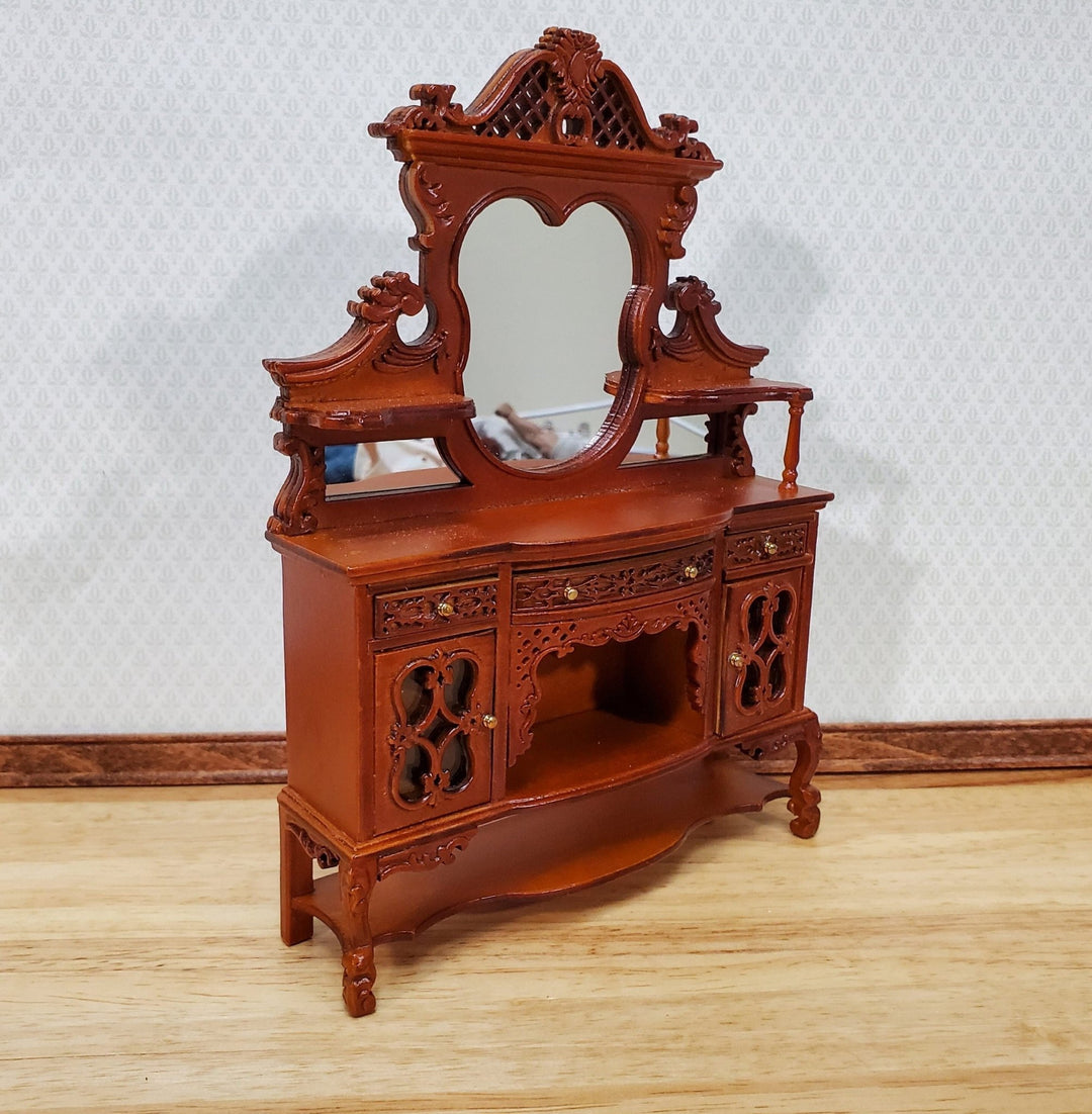 Dollhouse Sideboard with Mirror Ornate Walnut Finish 1:12 Scale Miniature Furniture - Miniature Crush