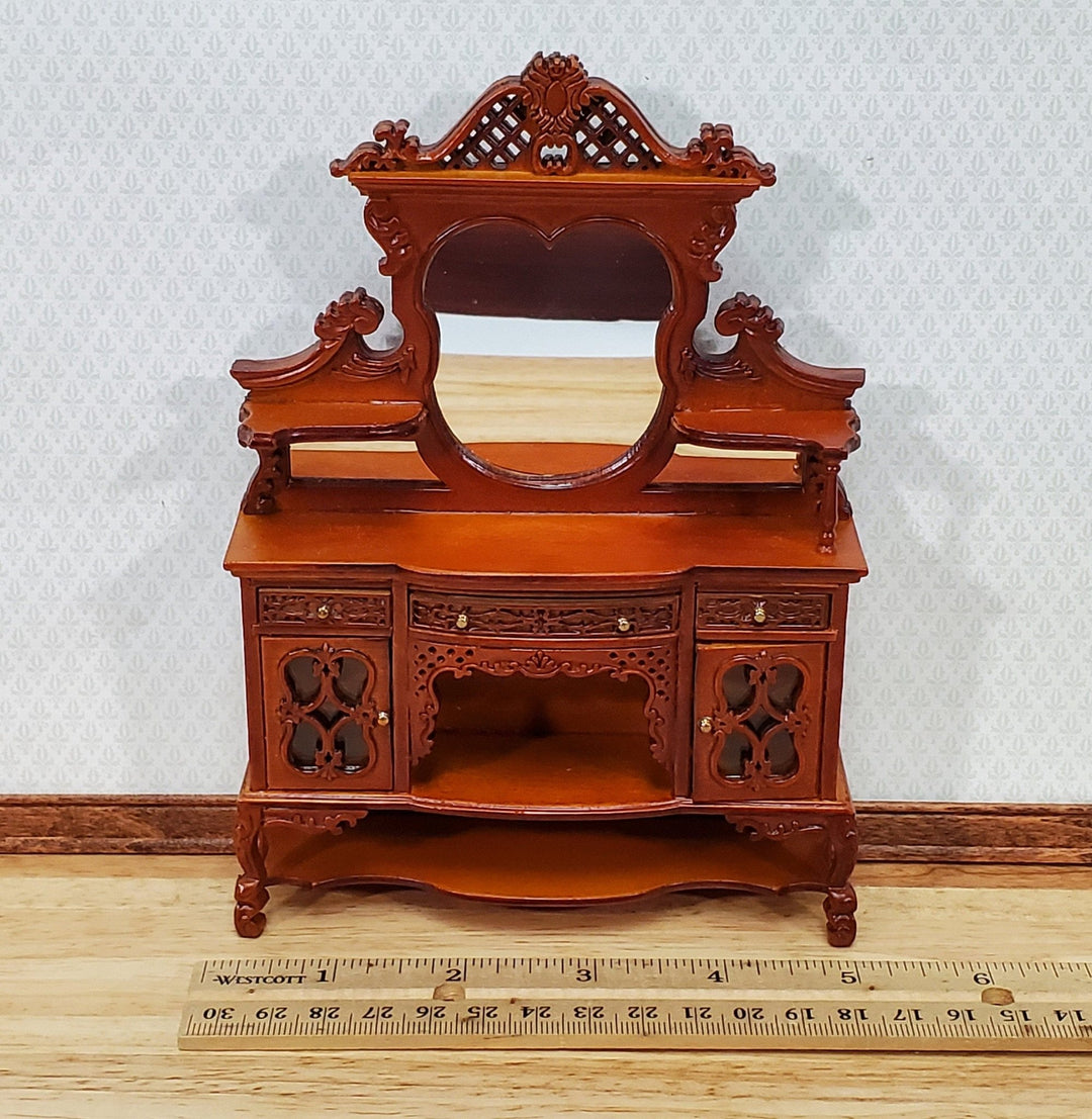 Dollhouse Sideboard with Mirror Ornate Walnut Finish 1:12 Scale Miniature Furniture - Miniature Crush