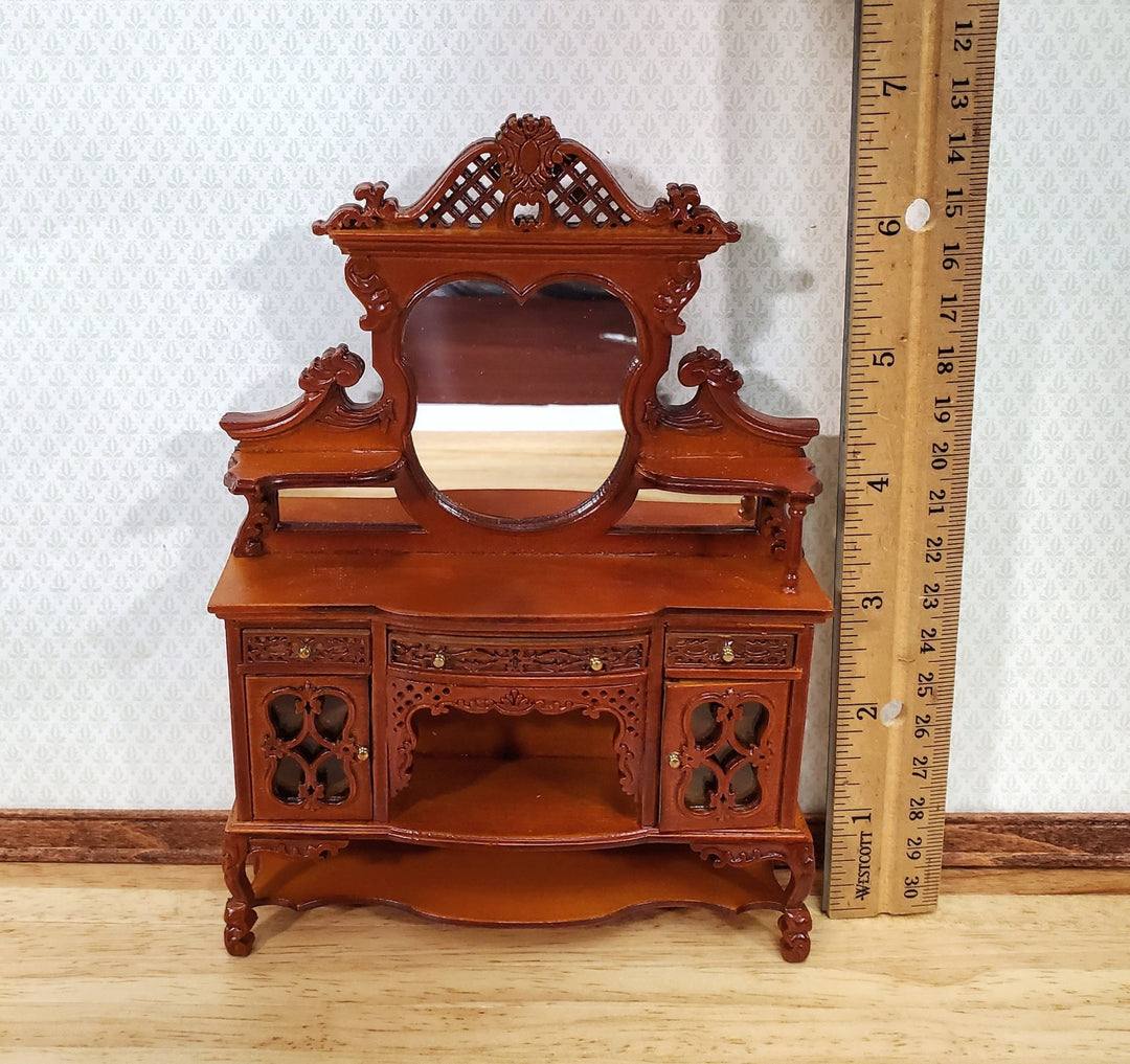 Dollhouse Sideboard with Mirror Ornate Walnut Finish 1:12 Scale Miniature Furniture - Miniature Crush