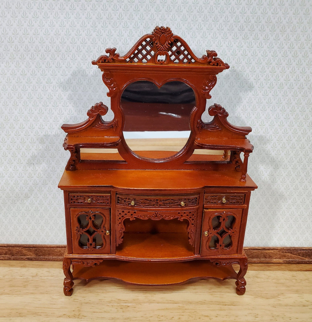 Dollhouse Sideboard with Mirror Ornate Walnut Finish 1:12 Scale Miniature Furniture - Miniature Crush