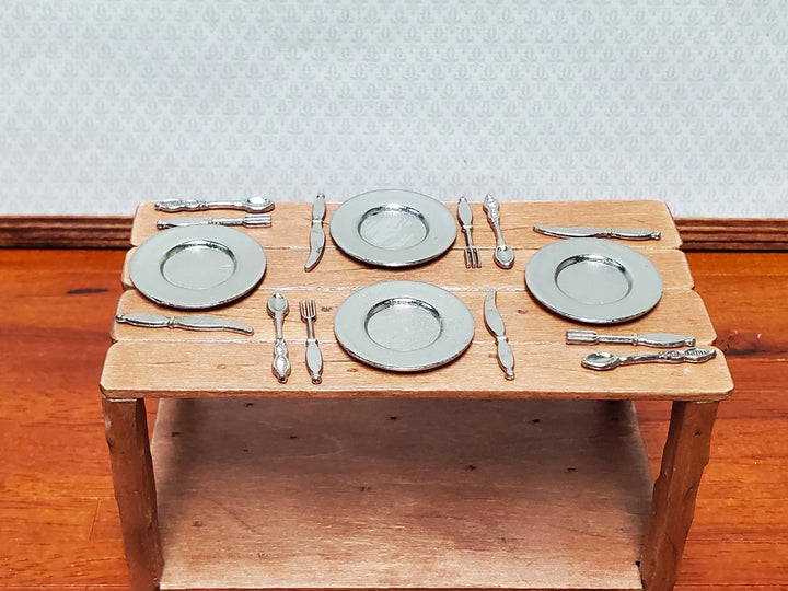 Dollhouse Silver Plates and Silverware Place Settings x4 1:12 Scale Miniatures - Miniature Crush