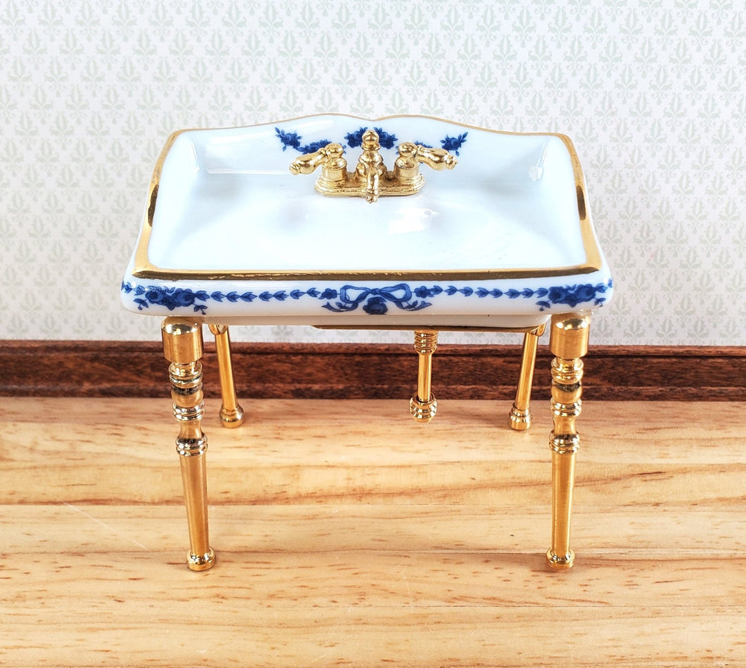 Dollhouse Sink Bathroom Small White and Blue Reutter Porcelain Miniature - Miniature Crush