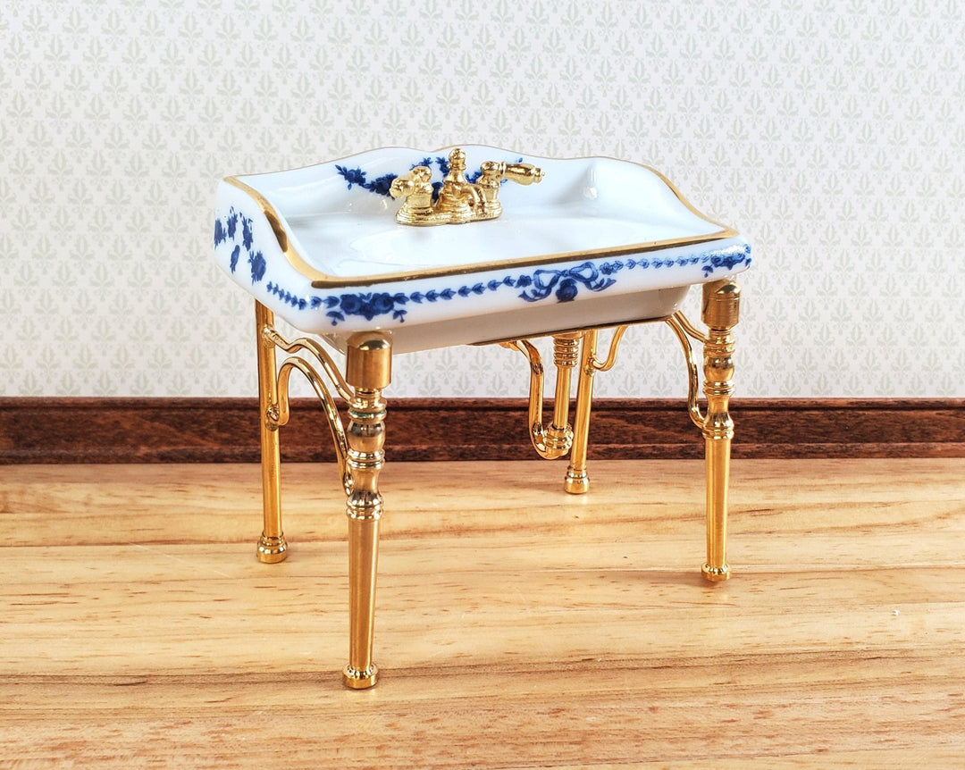 Dollhouse Sink Bathroom Small White and Blue Reutter Porcelain Miniature - Miniature Crush