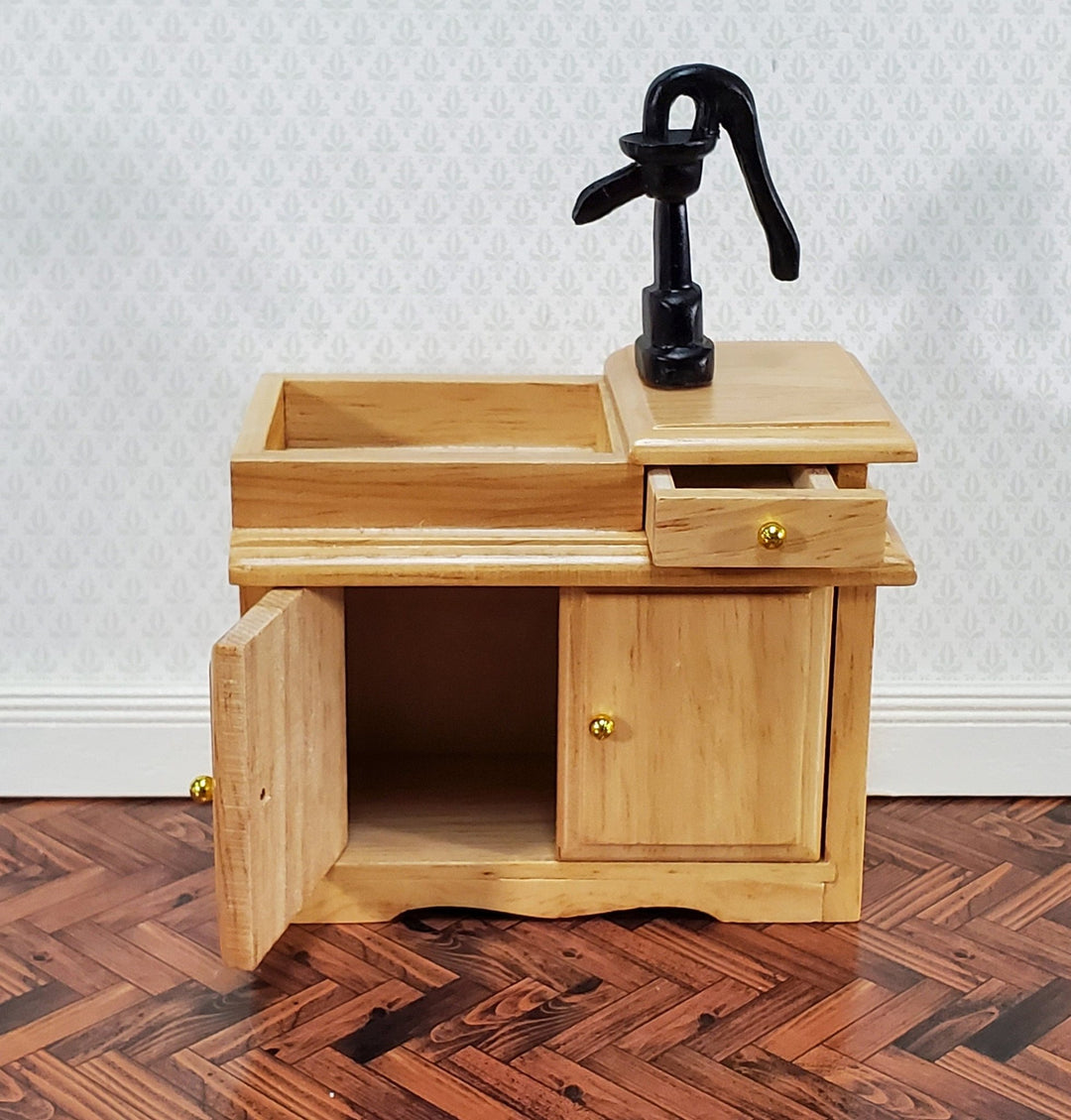 Dollhouse Sink Vintage Style with Pump Light Oak Finish 1:12 Scale Miniature Kitchen Furniture - Miniature Crush