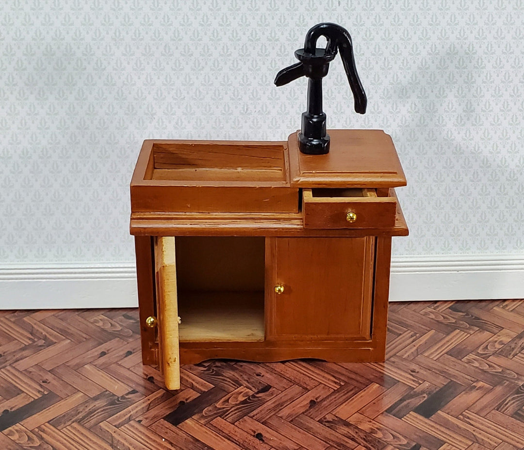 Dollhouse Sink Vintage Style with Pump Walnut Finish 1:12 Scale Miniature Kitchen Furniture - Miniature Crush