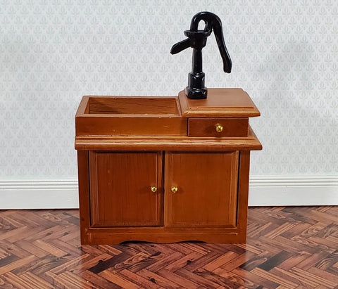Dollhouse Sink Vintage Style with Pump Walnut Finish 1:12 Scale Miniature Kitchen Furniture - Miniature Crush