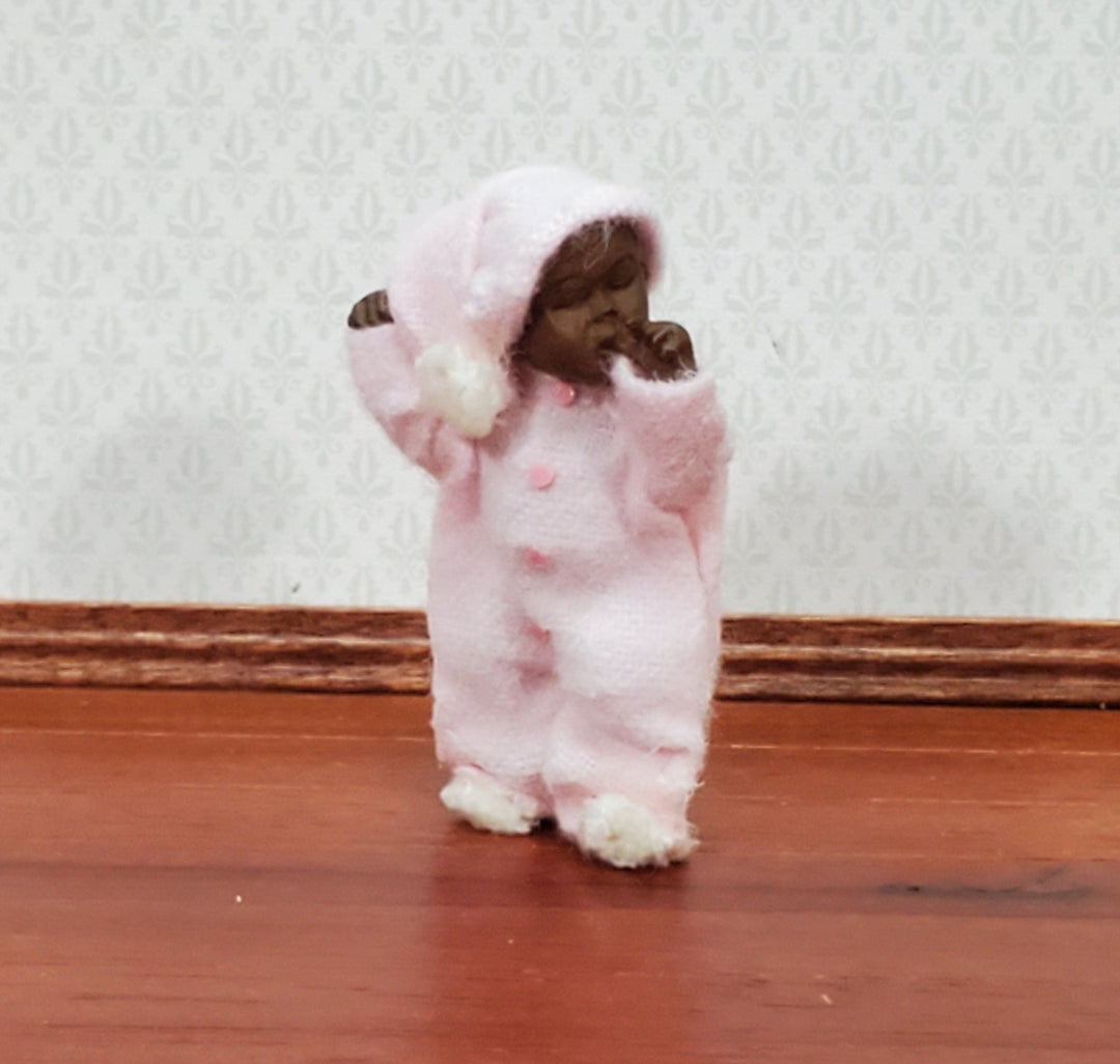 Dollhouse Sleeping Baby Girl Doll Brown Black in Pink Sleeper 1:12 Scale Miniature - Miniature Crush