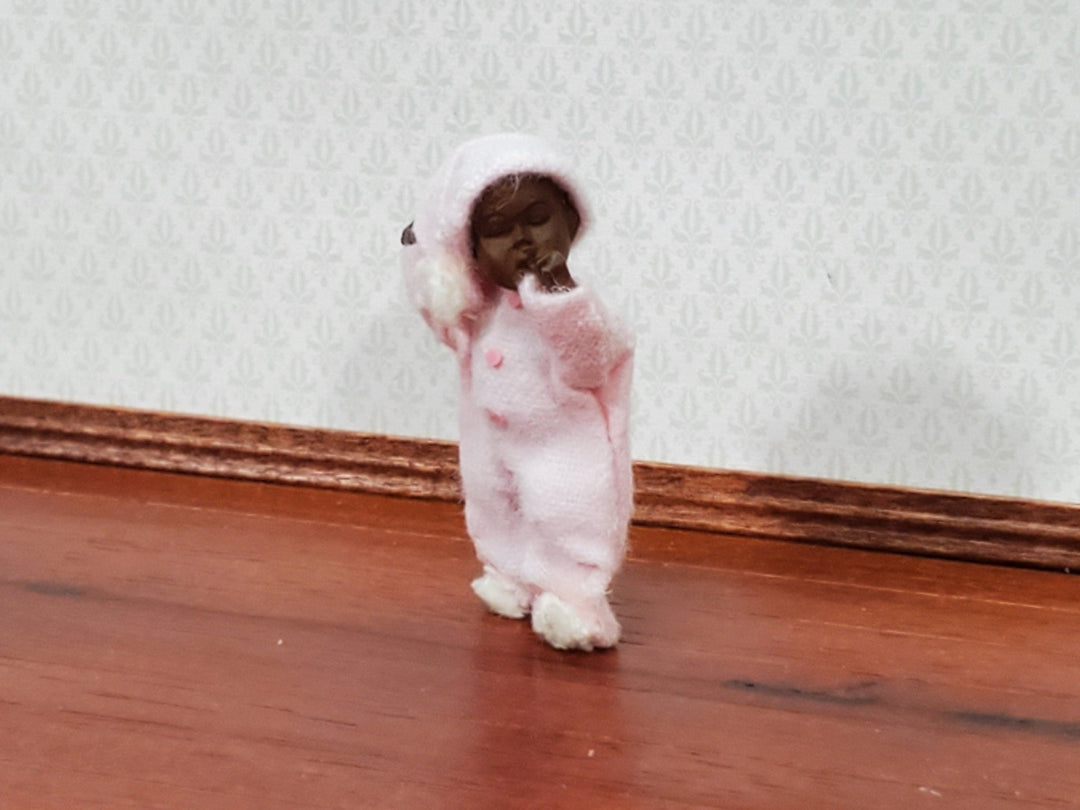 Dollhouse Sleeping Baby Girl Doll Brown Black in Pink Sleeper 1:12 Scale Miniature - Miniature Crush