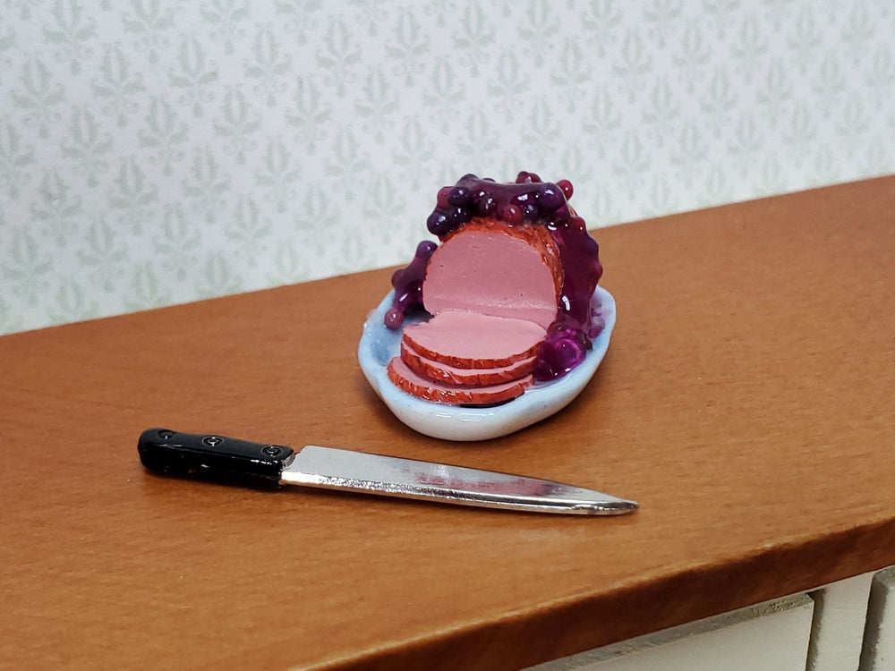 Dollhouse Small Ham with Cherry Glazed on Ceramic Platter Miniature Food Kitchen - Miniature Crush
