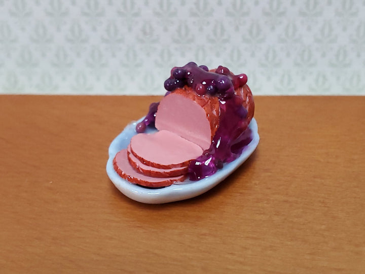 Dollhouse Small Ham with Cherry Glazed on Ceramic Platter Miniature Food Kitchen - Miniature Crush