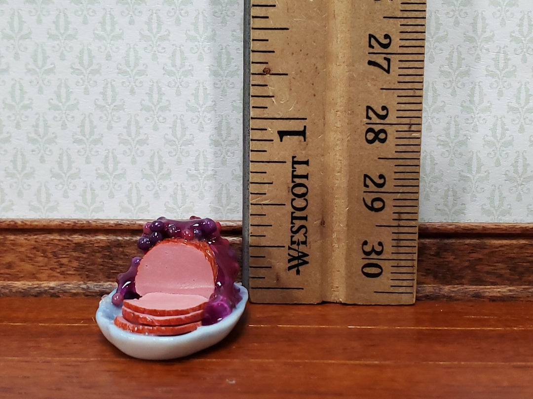 Dollhouse Small Ham with Cherry Glazed on Ceramic Platter Miniature Food Kitchen - Miniature Crush