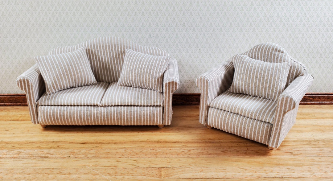 Dollhouse Sofa & Chair Striped Beige Couch 1:12 Scale Miniature Modern Furniture - Miniature Crush
