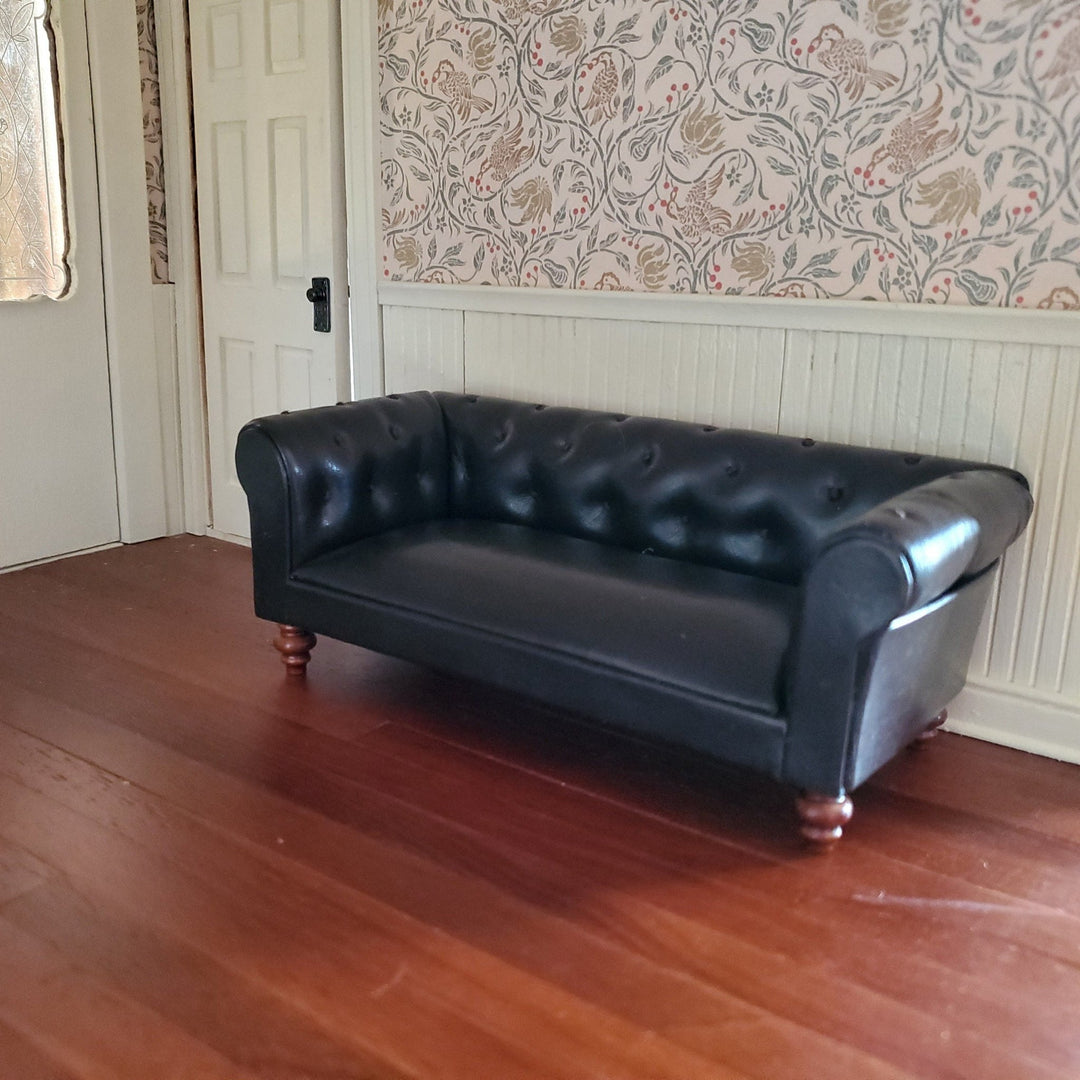 JBM Miniature Sofa Black Tufted Faux Leather 1:12 Scale Dollhouse Furniture  - Miniature Crush