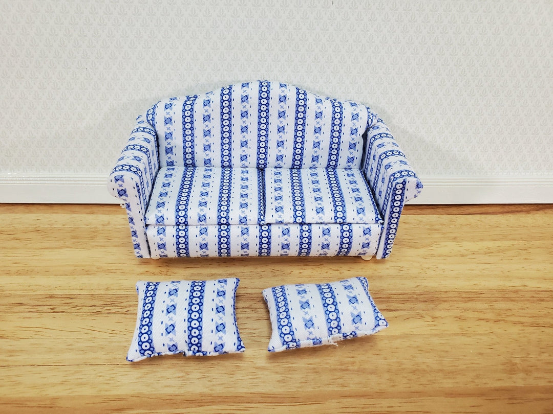 Dollhouse Sofa Couch Modern Blue & White with Cushions 1:12 Scale Miniature Furniture - Miniature Crush