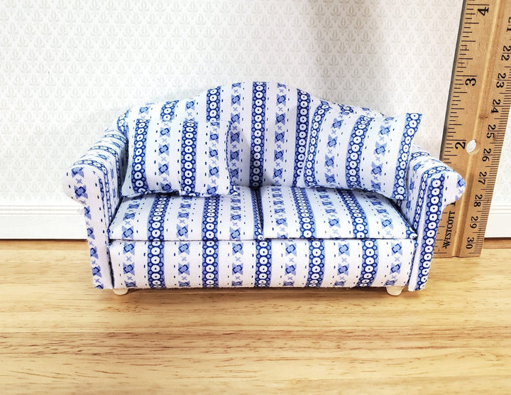 Dollhouse Sofa Couch Modern Blue & White with Cushions 1:12 Scale Miniature Furniture - Miniature Crush