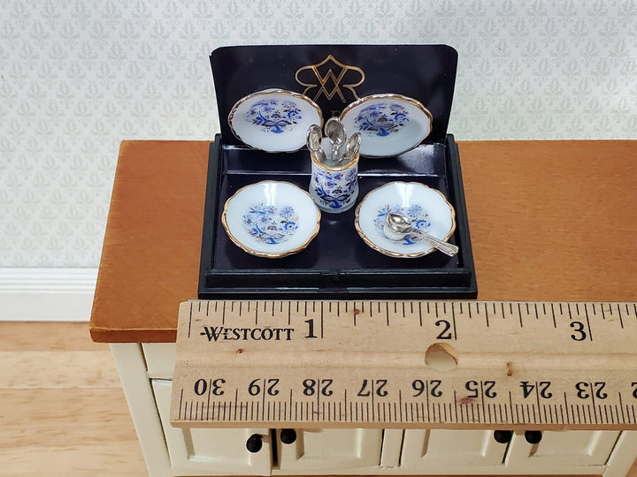 Dollhouse Soup Bowls & Spoons Blue White Gold Trim Set of 4 Reutter Porcelain 1:12 Scale Miniatures - Miniature Crush