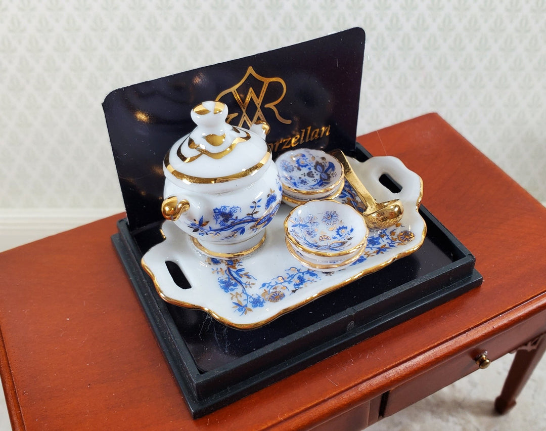 Dollhouse Soup Tureen with Bowls by Reutter Porcelain Blue Onion Design 1:12 Scale - Miniature Crush