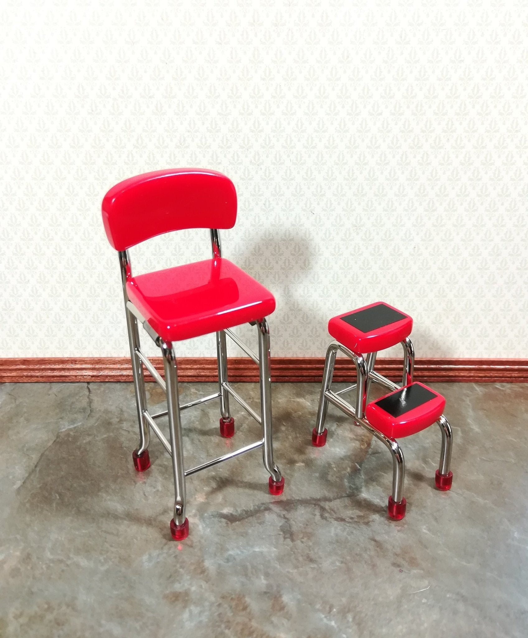 Dollhouse Step Stool Tall Chair 1950s Style Red 1 12 Scale