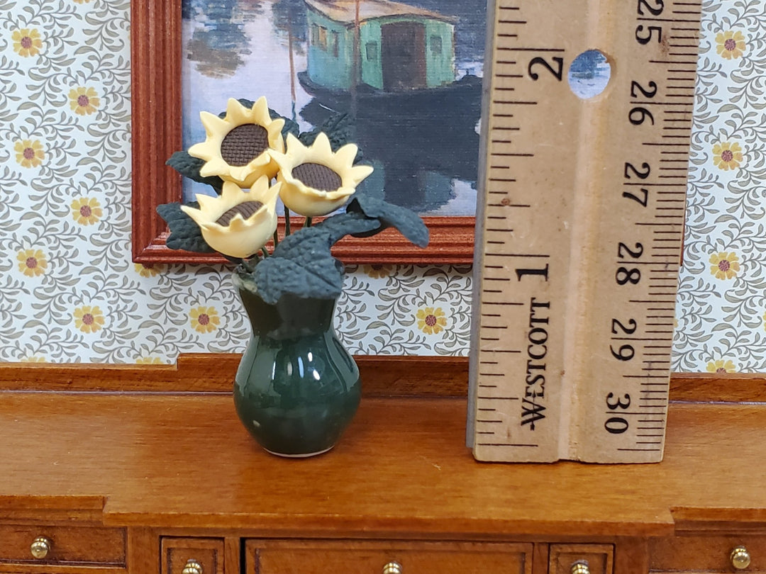 Dollhouse Sunflowers in Ceramic Green Vase 1:12 Scale Miniature Flowers - Miniature Crush