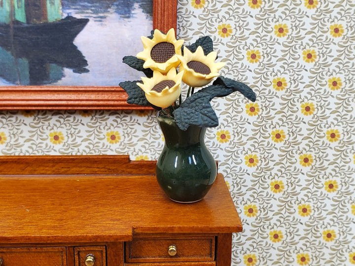 Dollhouse Sunflowers in Ceramic Green Vase 1:12 Scale Miniature Flowers - Miniature Crush