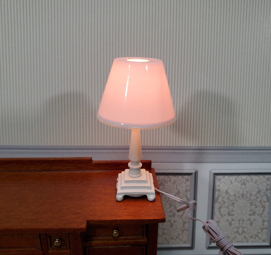 Dollhouse Table Lamp Electric Light Modern White Style 1:12 Scale 12 Volt Plug In - Miniature Crush