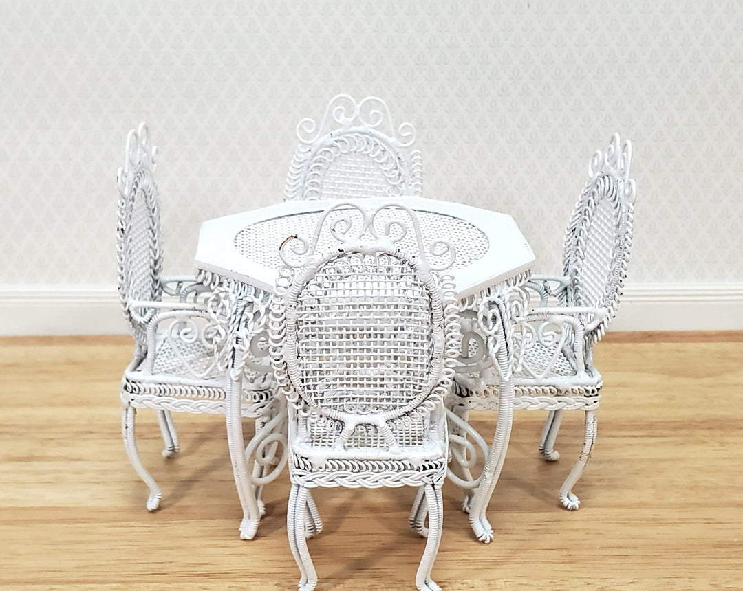 Dollhouse Table with 4 Chairs White Wire Metal 1:12 Scale Miniature or Fairy Garden - Miniature Crush