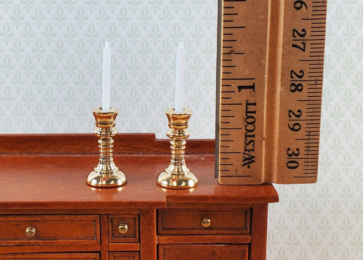 Dollhouse Tall Candlestick Holders with Candles Gold Set of 2 1:12 Scale Metal - Miniature Crush