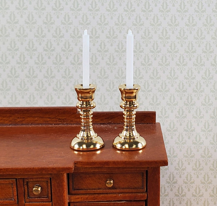 Dollhouse Tall Candlestick Holders with Candles Gold Set of 2 1:12 Scale Metal - Miniature Crush