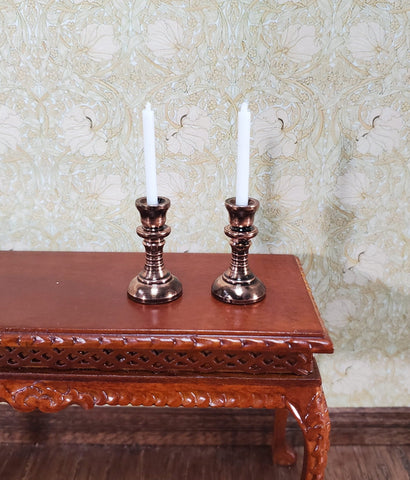 Dollhouse Tall Candlestick Holders with Candles Set of 2 1:12 Scale Metal Aged Copper Finish - Miniature Crush
