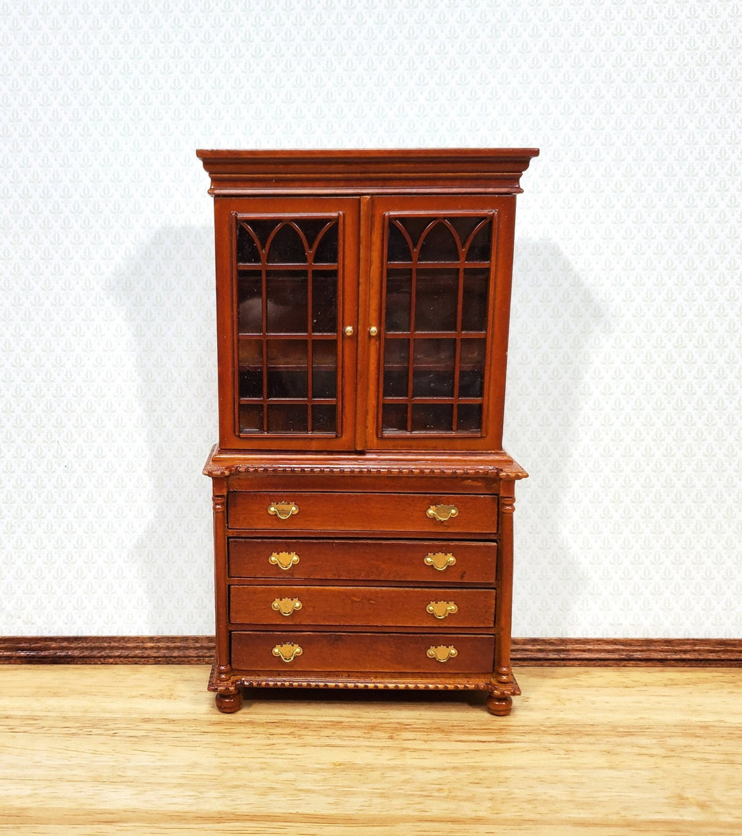 Dollhouse Tall Display Cabinet Hutch with Drawers Walnut Finish 1:12 Scale Furniture - Miniature Crush