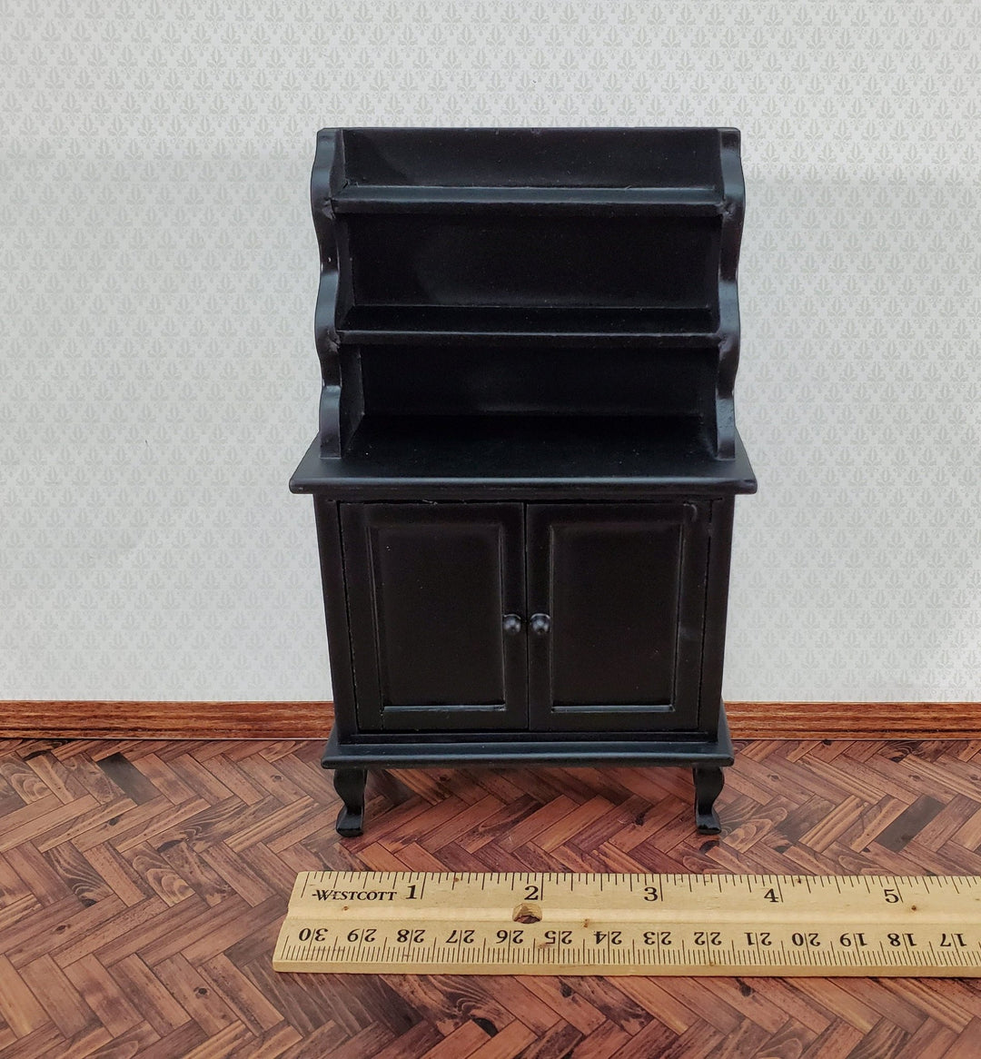 Dollhouse Tall Hutch Cabinet with Shelves Wood with a Black Finish 1:12 Scale Miniature Furniture - Miniature Crush