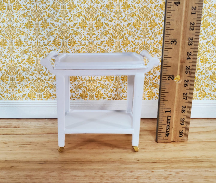 Dollhouse Tea Cart Two Tiered Serving Trolley White Wood with Wheels 1:12 Scale Miniature - Miniature Crush