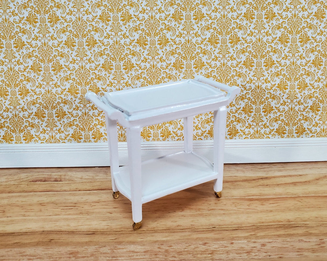 Dollhouse Tea Cart Two Tiered Serving Trolley White Wood with Wheels 1:12 Scale Miniature - Miniature Crush