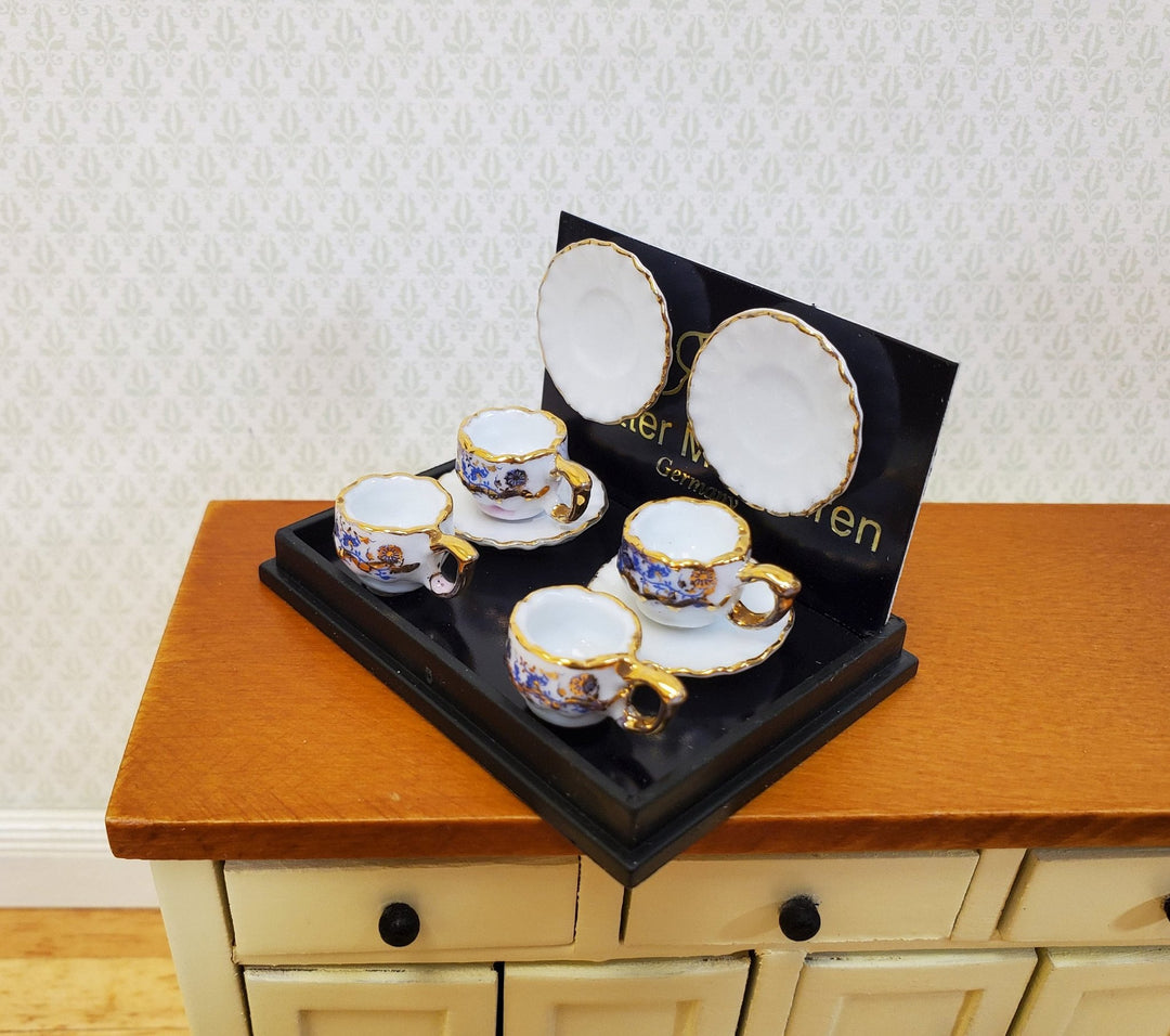 Dollhouse Tea or Coffee Cups Set of 4 w/ Saucers Reutter Porcelain 1:12 Scale 24k Gold Accents - Miniature Crush