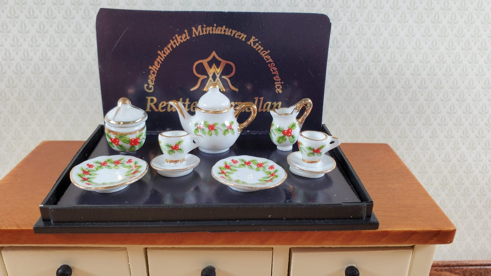 Dollhouse Tea Set Mistletoe Reutter Porcelain 1:12 Scale Teapot Cups Cream Sugar - Miniature Crush
